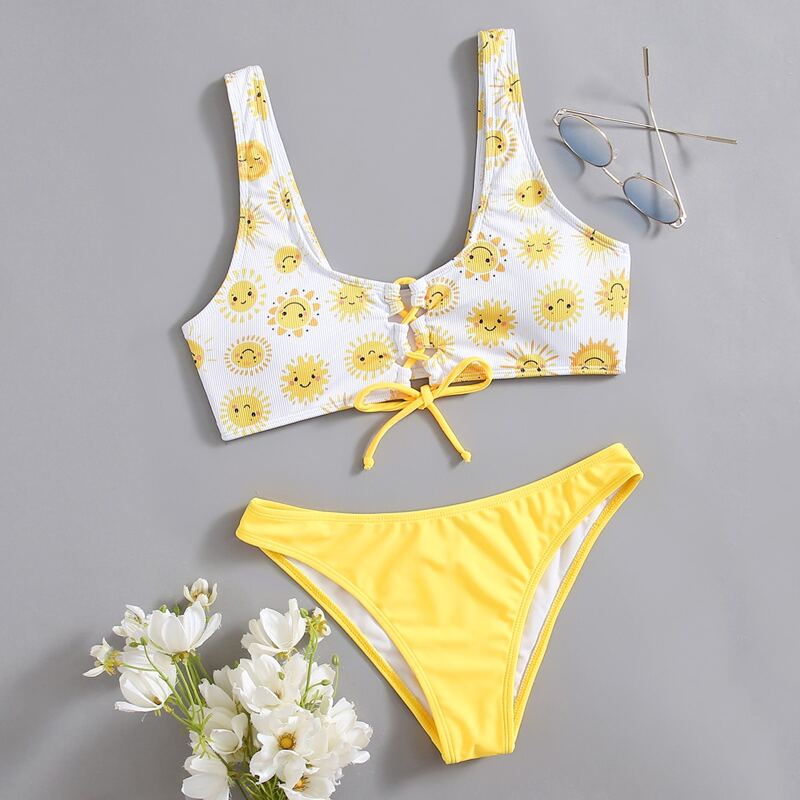 

Cartoon Sun Lace-up Bikini Swimsuit, Yellow