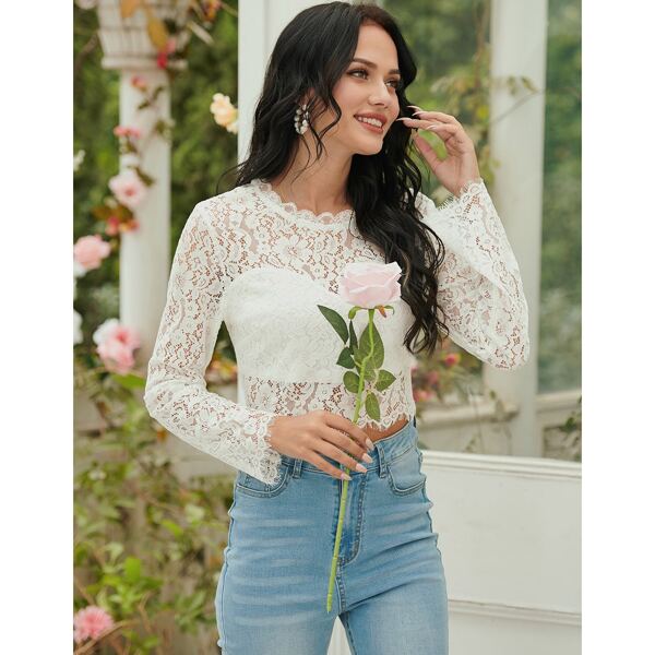 

Solid Lace Scallop Sheer Top, White