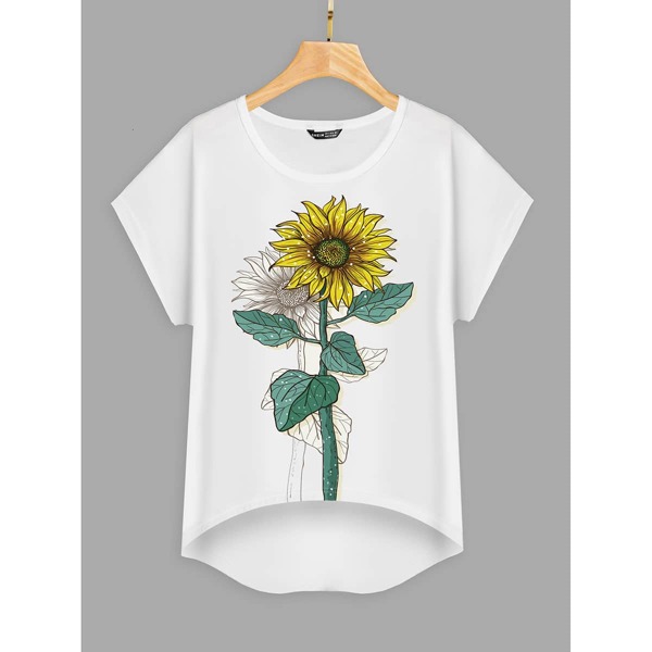 

Floral Print High Low Tee, White