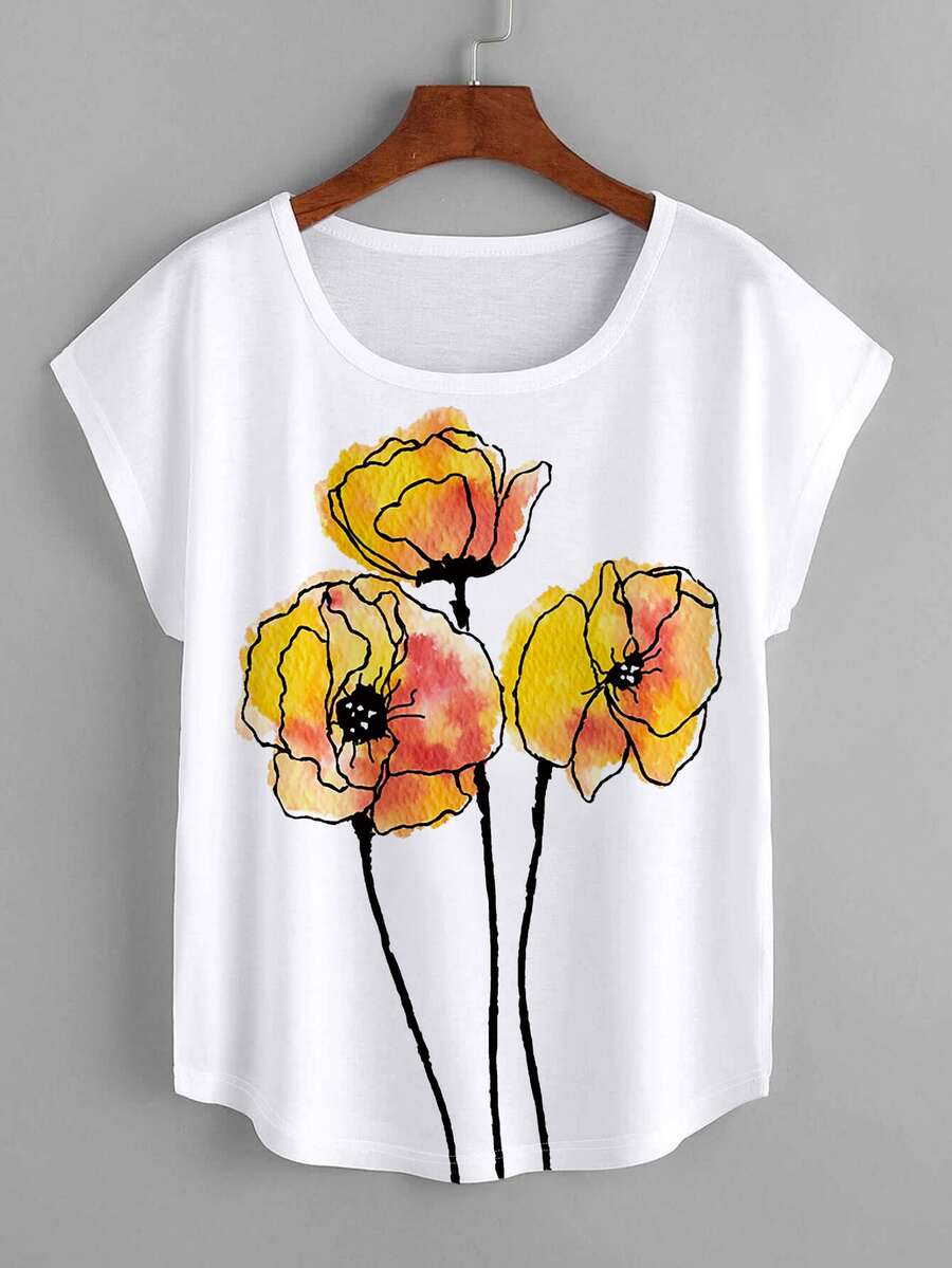 Floral Print Cap Sleeve Tee - White - View 1