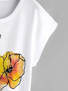 Floral Print Cap Sleeve Tee - White - View 4