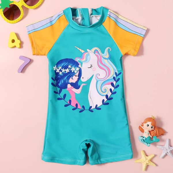 

Baby Girl Unicorn & Girl Print One Piece Swimsuit, Multicolor