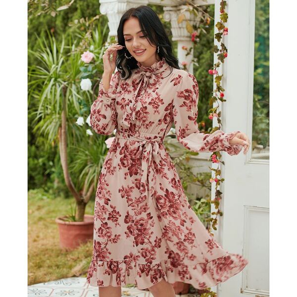 

Floral Print Tie Neck Ruffle Hem Belted Dress, Multicolor