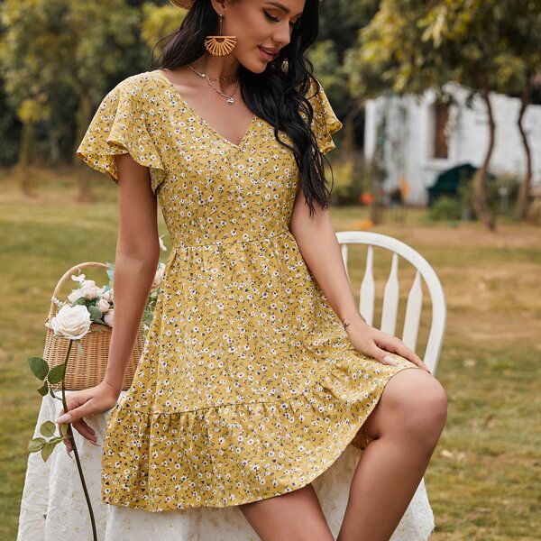 

Ditsy Floral Print V-neck Ruffle Hem Dress, Mustard yellow
