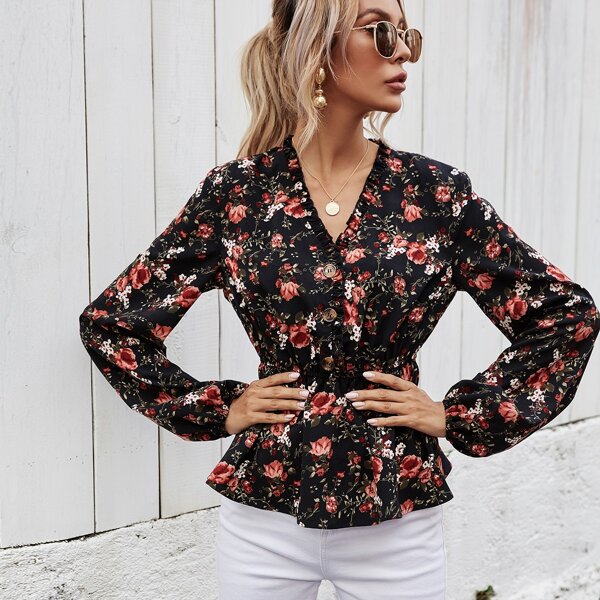 

Allover Floral Print Frill Trim Peplum Blouse, Multicolor