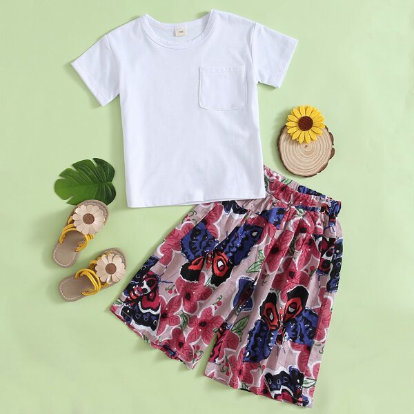 

Toddler Girls Pocket Front Solid Tee With Butterfly Shorts, Multicolor
