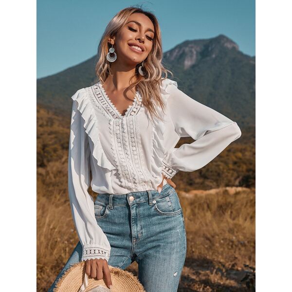 

Contrast Lace Ruffle Trim Blouse, White