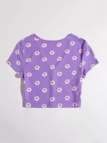 Soleia 紐扣花卉短版T恤 - 紫色 - 查看 2