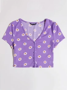 Soleia 紐扣花卉短版T恤 - 紫色 - 查看 3