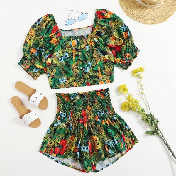 

Plus Floral & Bird Print Top With Shirred Shorts, Multicolor