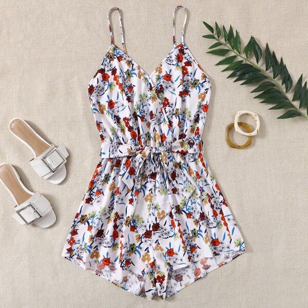 

Plus Allover Floral Belted Cami Romper, Multicolor