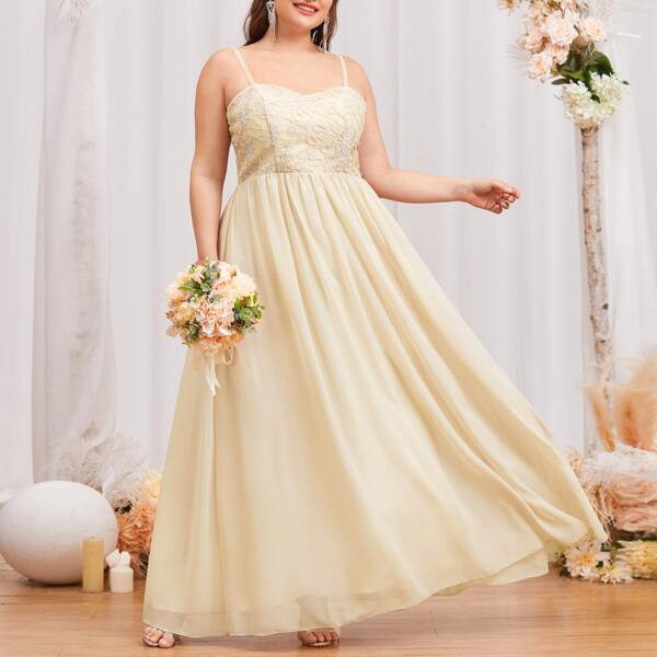 

Plus Embroidery Floral Bodice Cami Prom Dress, Apricot