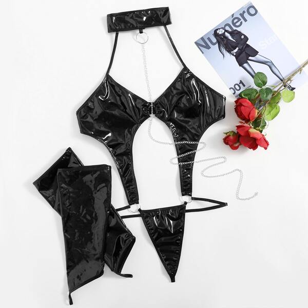 

Plus PU Costume Teddy Bodysuit & 1pair Oversleeves, Black