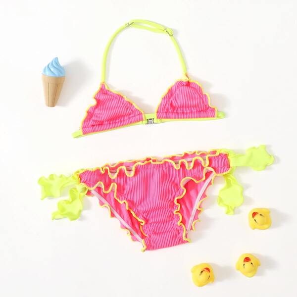 

Baby Girl Rib Contrast Binding Halter Bikini Swimsuit, Hot pink