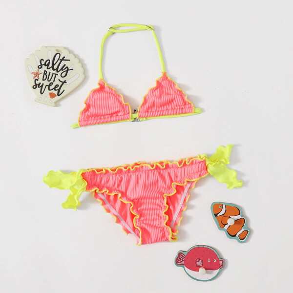 

Baby Girl Rib Contrast Binding Halter Bikini Swimsuit, Watermelon pink