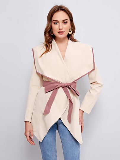 Waterfall Collar Contrast Binding Self Belted Coat