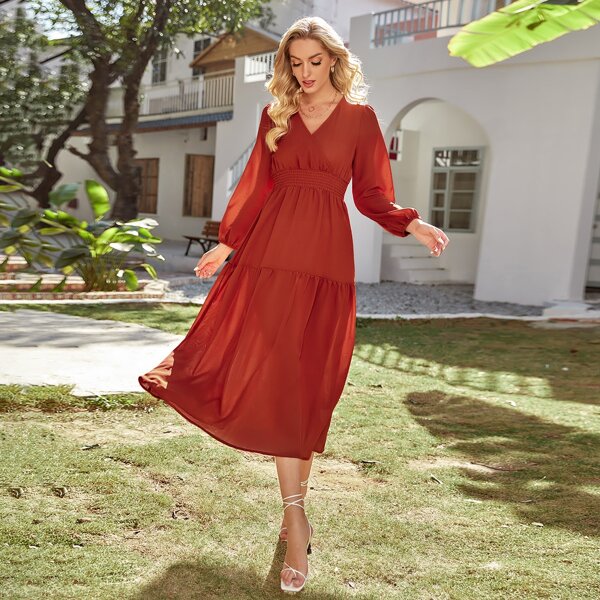 

Surplice Neck Shirred A-line Dress, Burnt orange