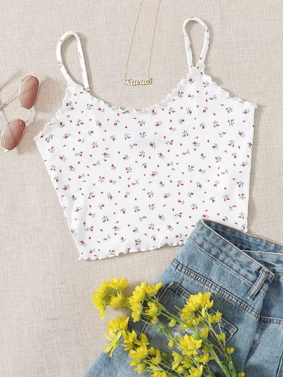 SHEIN EZwear Cottagecore Lettuce Trim Ditsy Floral Cami Top - White - View 1