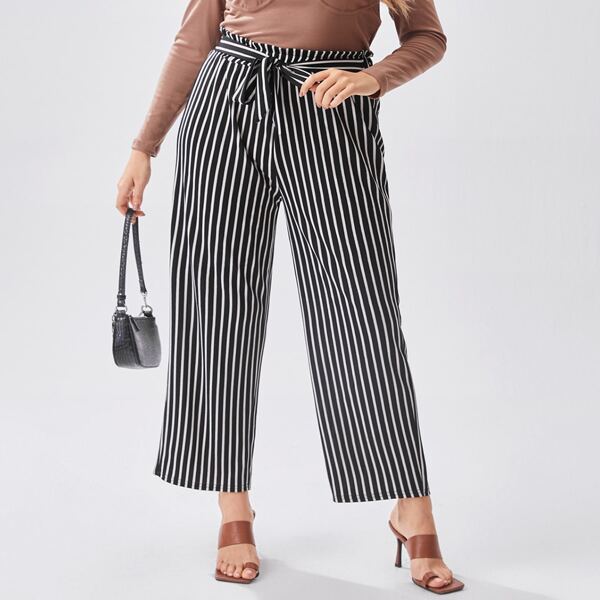

Plus Striped Belted Wide Leg Pants, Black and white