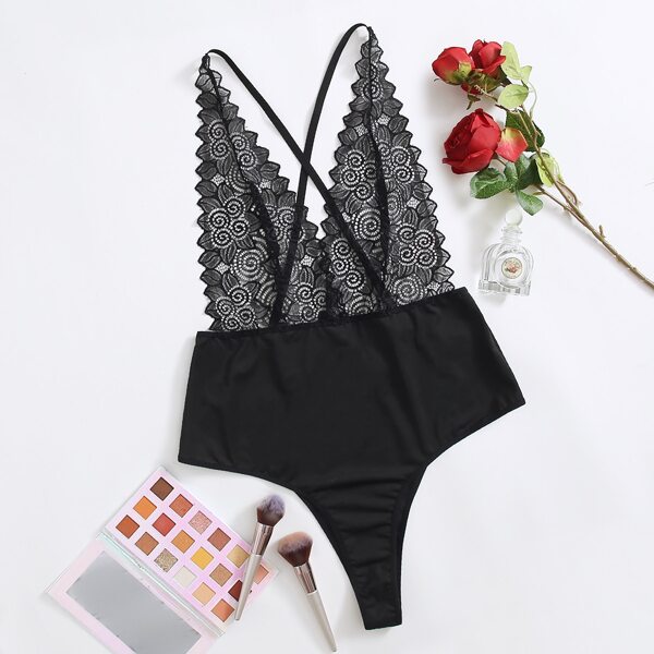 

Plus Contrast Lace Plunging Teddy Bodysuit, Black