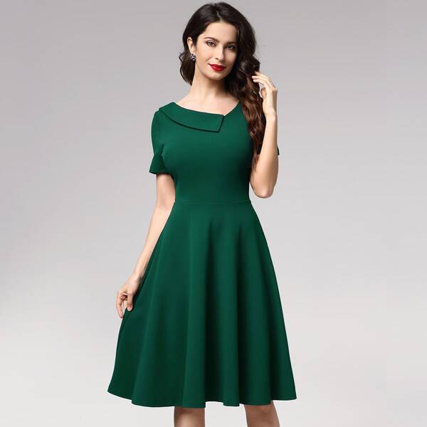 

Asymmetrical Neck Zip Back Dress, Dark green