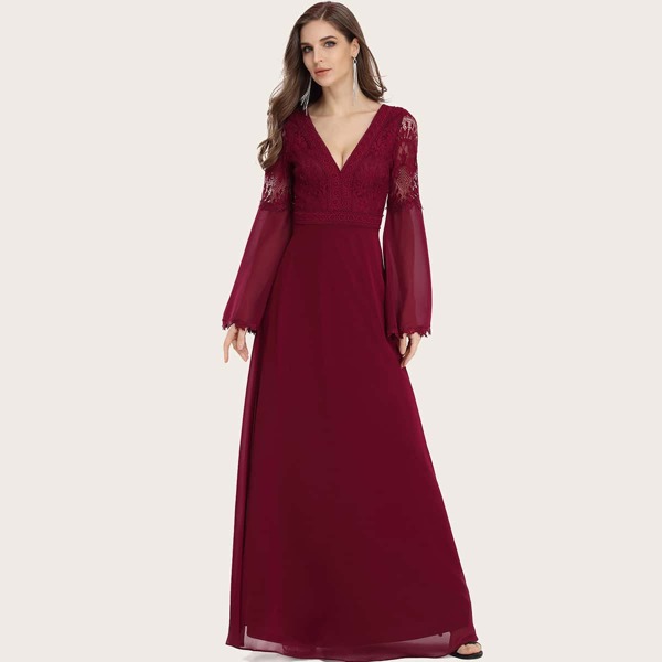 

Flounce Sleeve Lace Bodice Dress, Maroon