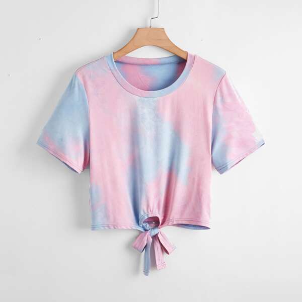 

Plus Tie Dye Knot Hem Crop Tee, Multicolor