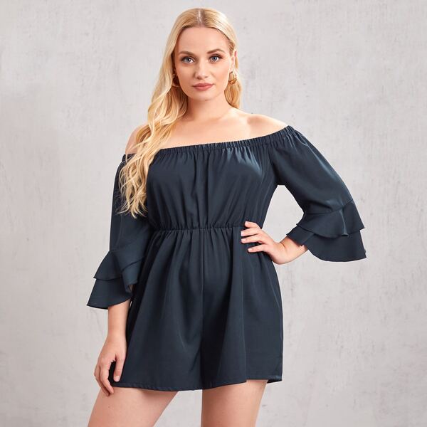 

Plus Flounce Sleeve Bardot Romper, Black