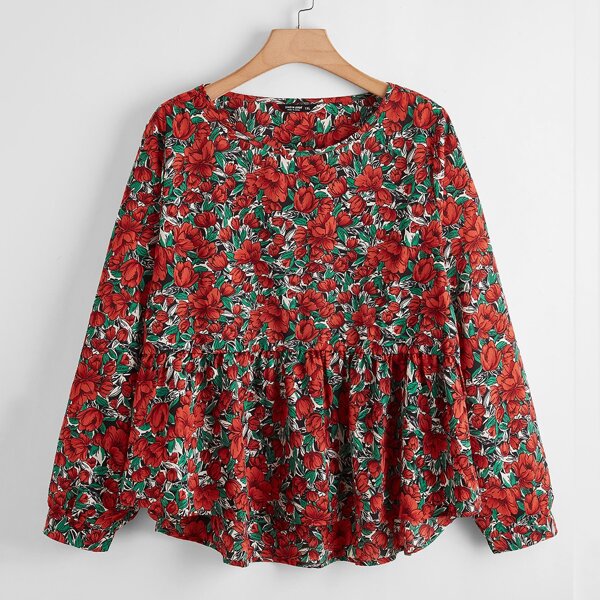 

Plus Allover Floral Print Smock Blouse, Multicolor