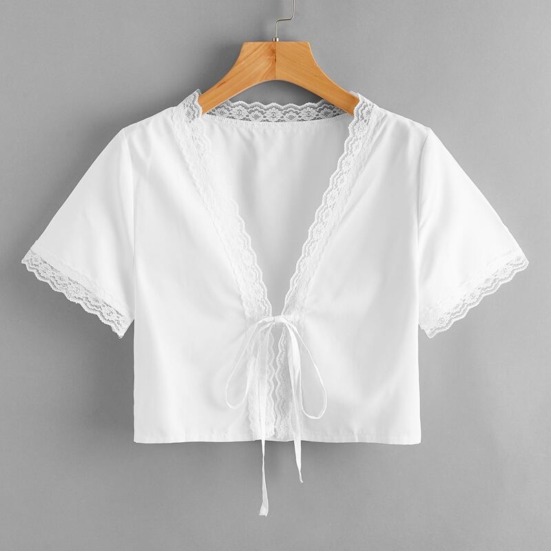 

Lace Trim Knot Crop Top, White