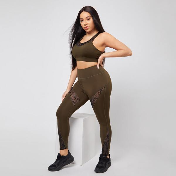 

Plus Contrast Lace Sports Bra & Leggings, Army green