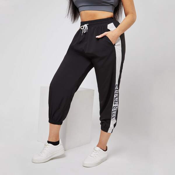 

Plus Letter Graphic Drawstring Sports Pants, Black