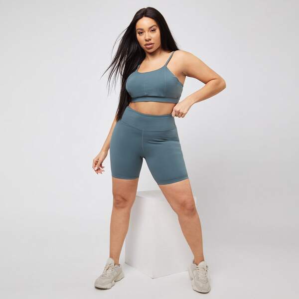 

Plus Solid Sports Bra & Biker Shorts, Dusty blue