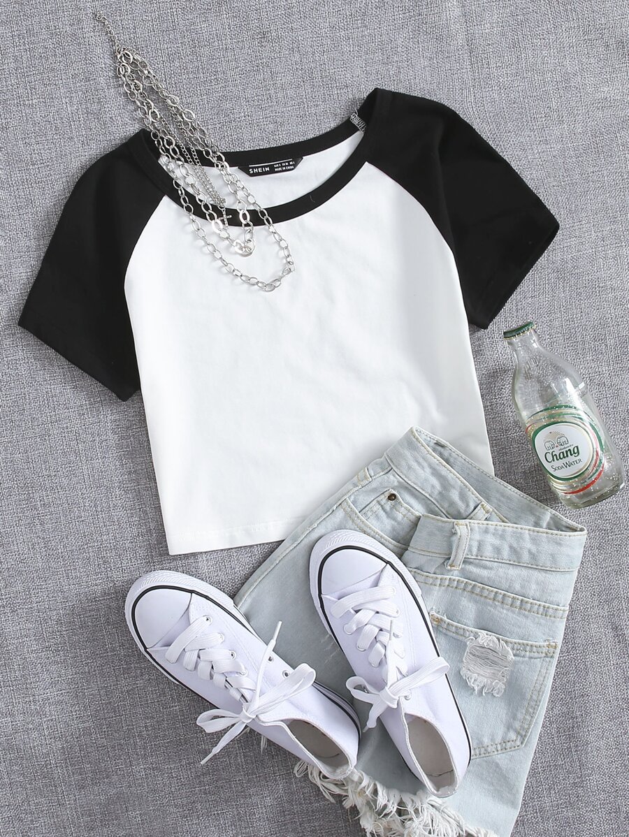 SHEIN EZwear Plus Colourblock Raglan Sleeve Top - White - View 1