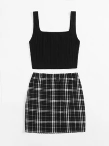 SHEIN EZwear Conjunto top de tank tejido de canalé con falda de cuadros bajo con abertura - Negro - Ver 2