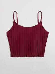 SHEIN EZwear Plus 生菜边饰罗纹针织吊带背心 - 酒紅色 - 查看 3