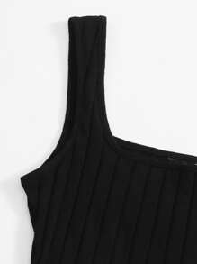 SHEIN EZwear Conjunto top de tank tejido de canalé con falda de cuadros bajo con abertura - Negro - Ver 3