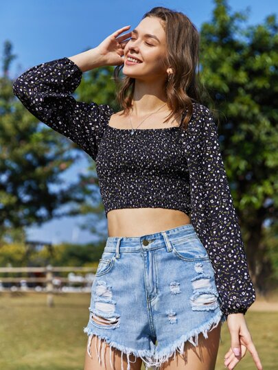 Ditsy Floral Shirred Crop Top