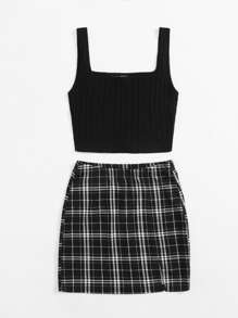 SHEIN EZwear Conjunto top de tank tejido de canalé con falda de cuadros bajo con abertura - Negro - Ver 4