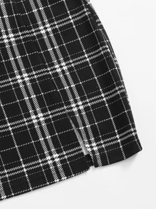 SHEIN EZwear Conjunto top de tank tejido de canalé con falda de cuadros bajo con abertura - Negro - Ver 5