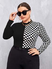 SHEIN Camiseta de cuadros ribete en forma de lechuga - Blanco y Negro - Ver 1