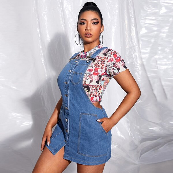 

Plus Button Front Pocket Patched Denim Overall Dress, Medium wash