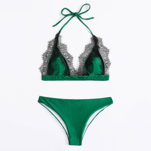 

Contrast Lace Triangle Halter Bikini Swimsuit, Green