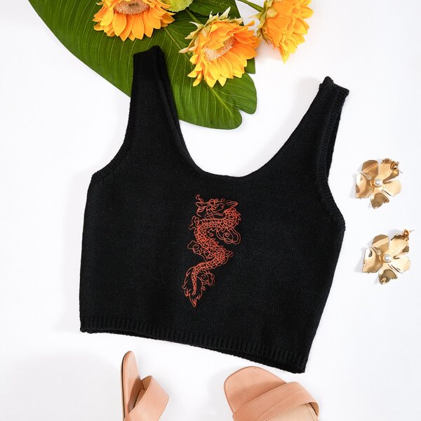 

Embroidered Chinese Dragon Knit Top, Black