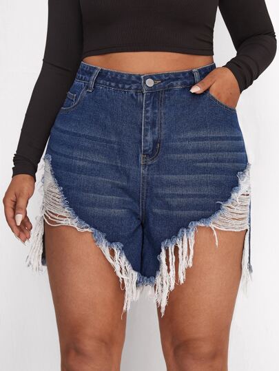 سروال قصير جينز ممزق مقاس كبير بحافة خام