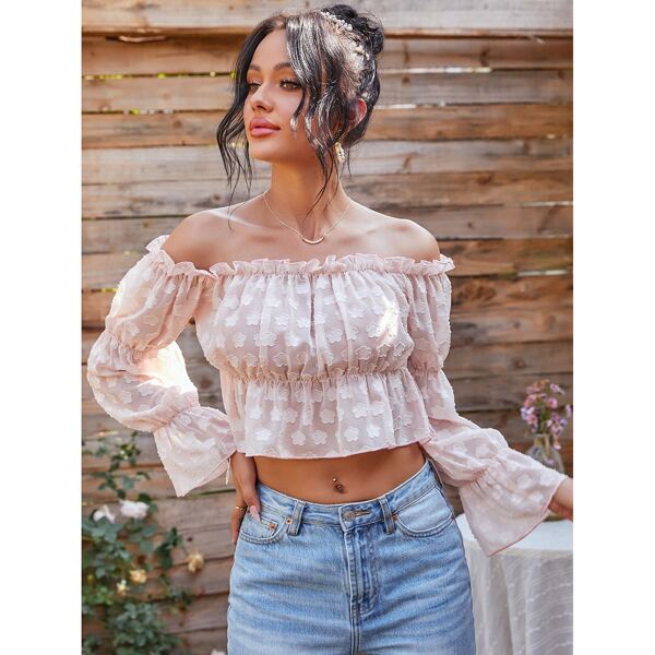 

Bardot Frill Trim Crop Peplum Blouse, Baby pink