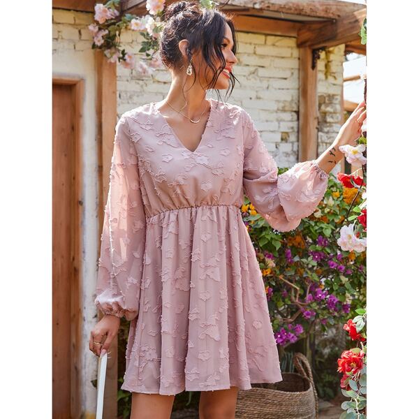 

V-neck Bishop Sleeve Solid Chiffon Dress, Dusty pink