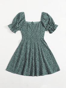 Soleia Allover Plants Print Drawstring Front Ruffle Cuff Dress - Dark Green - View 2