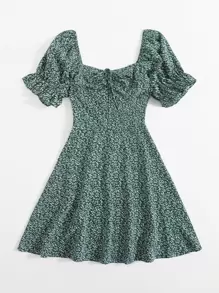 Soleia Allover Plants Print Drawstring Front Ruffle Cuff Dress - Dark Green - View 3