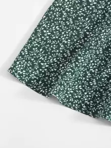Soleia Allover Plants Print Drawstring Front Ruffle Cuff Dress - Dark Green - View 4